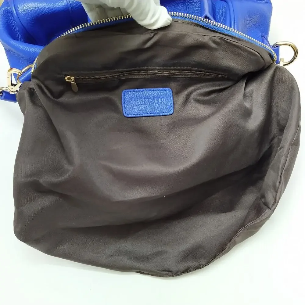 Terzetto Blue Pebbled Leather Double Handle Zipper Closure Satchel Shoulder Bag